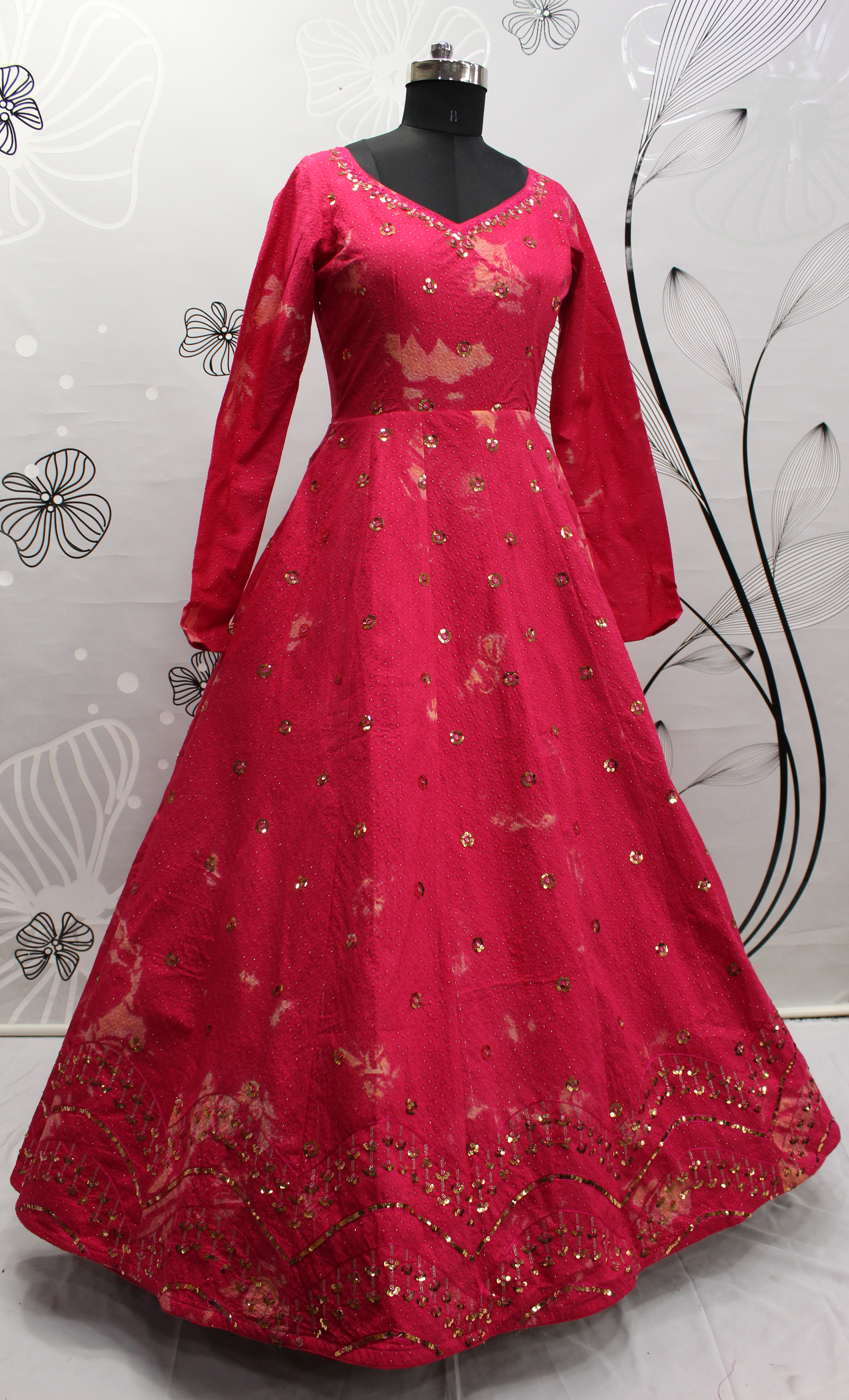 Designer dark pink anarkali style dress with golden embroidery